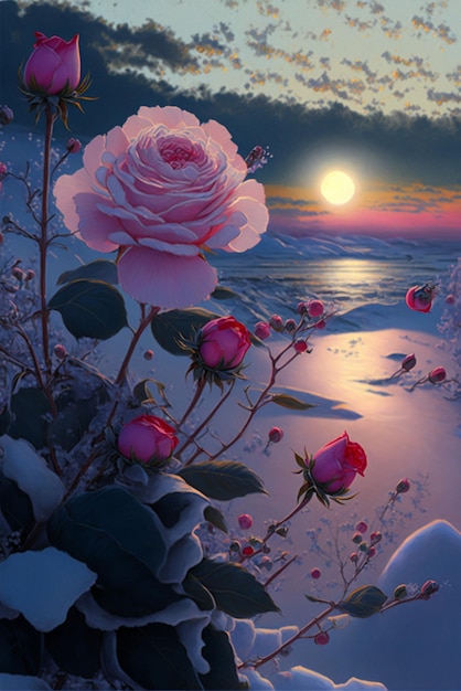 Pink rose sitting on top of a snow covered field generative ai