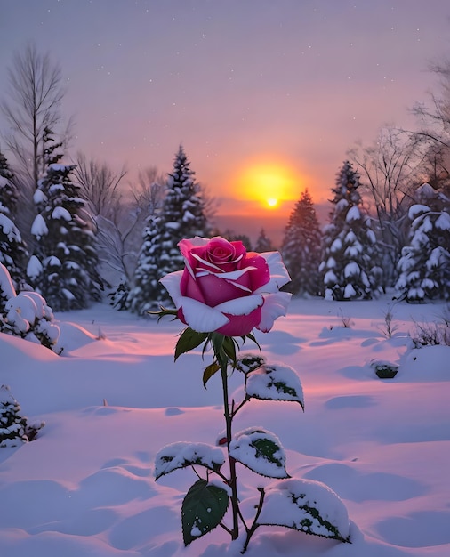 a pink rose in the snow with the sun behind it