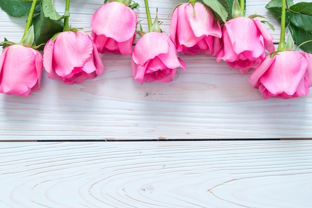 pink rose in vase on wood background