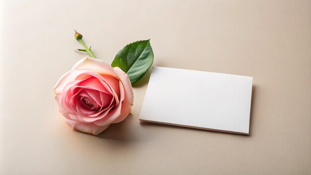 a pink rose with a blank card next to it