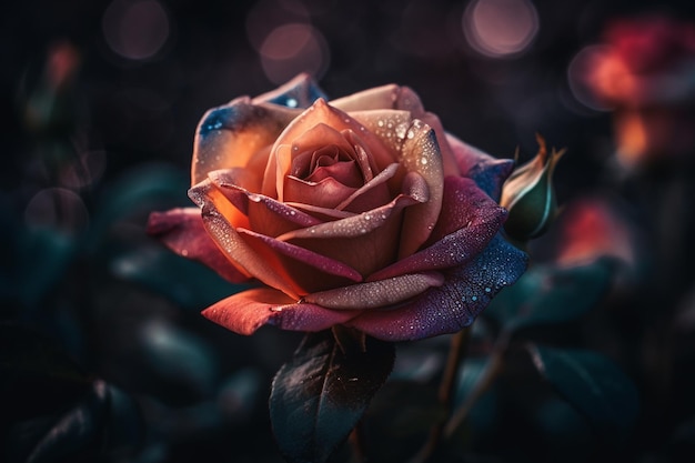 A pink rose with a dark background and a drop of water on it.