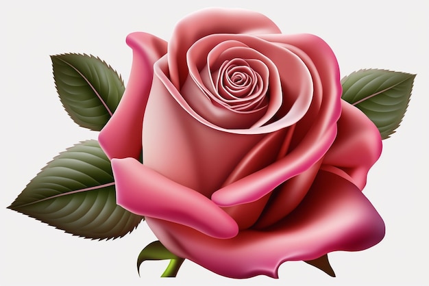 A pink rose with a green leaf on it.