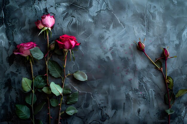 a pink rose with green leaves on a gray background