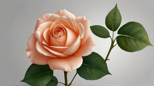 a pink rose with green leaves and a green stem