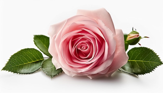 a pink rose with green leaves on it