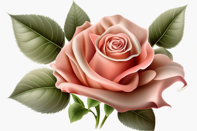 A pink rose with green leaves and a white background.