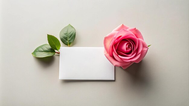 a pink rose with green leaves and a white card on the table