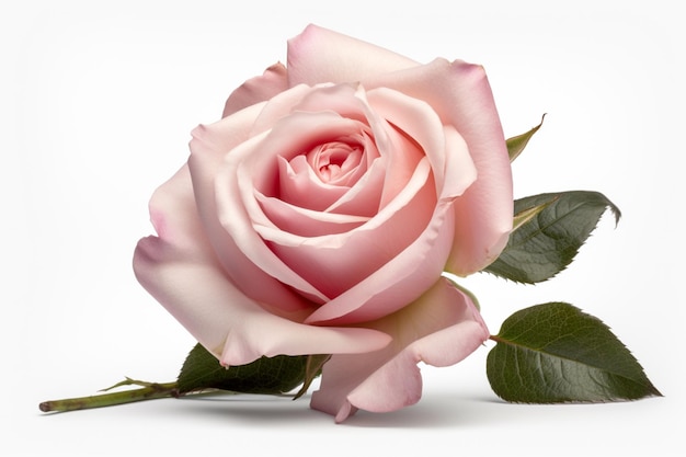 A pink rose with leaves on a white background