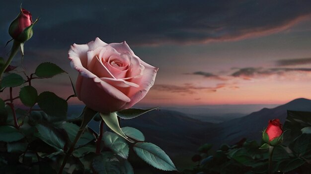 Photo a pink rose with a sunset in the background