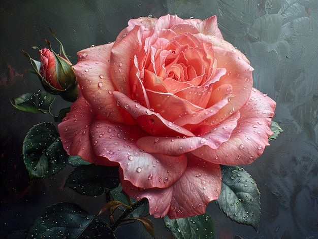 a pink rose with water drops on it and water drops on it