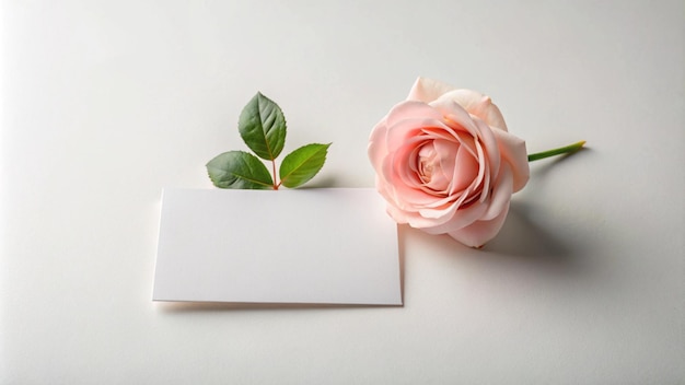 a pink rose with a white card next to it