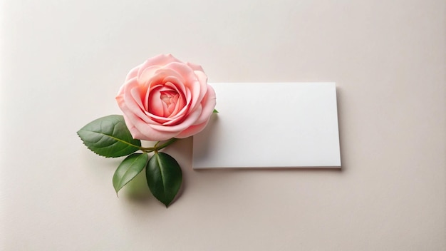 a pink rose with a white card on it