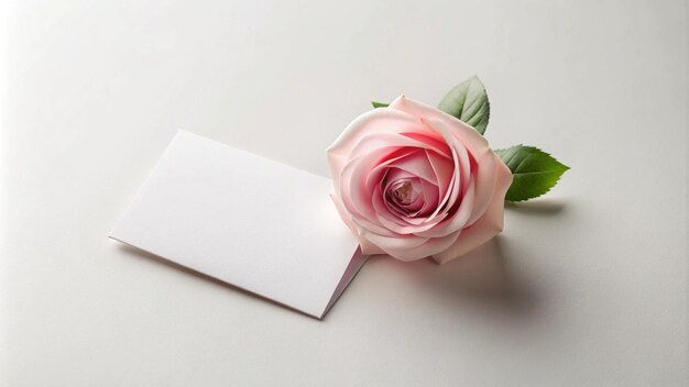 a pink rose with a white card on it