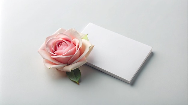 a pink rose with a white card on it