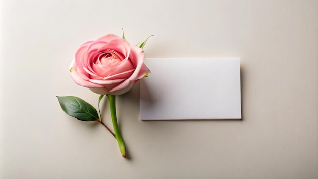 a pink rose with a white envelope on it with a card on it