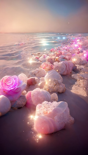 Pink roses are on the beach with a rose in background generative ai