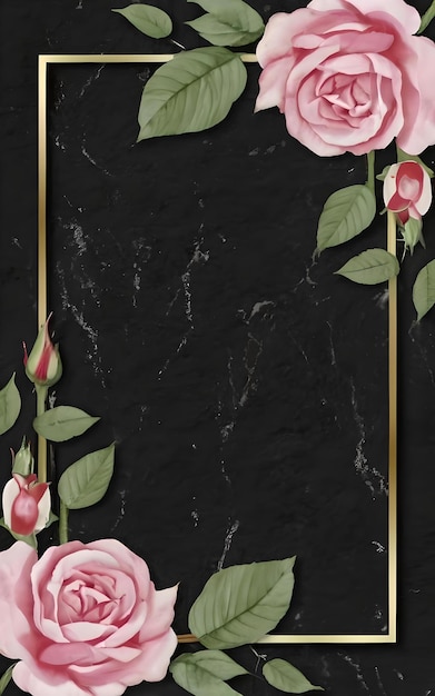 Pink roses on a black marble background with a gold frame