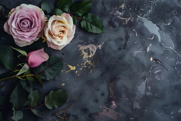 pink roses on a black table with green leaves and pink flowers