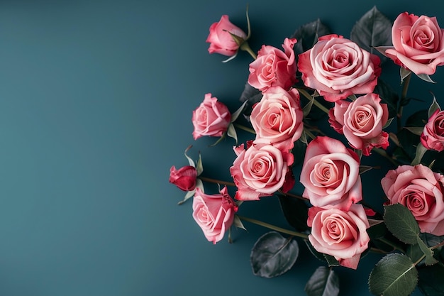 Photo pink roses bouquet blue background