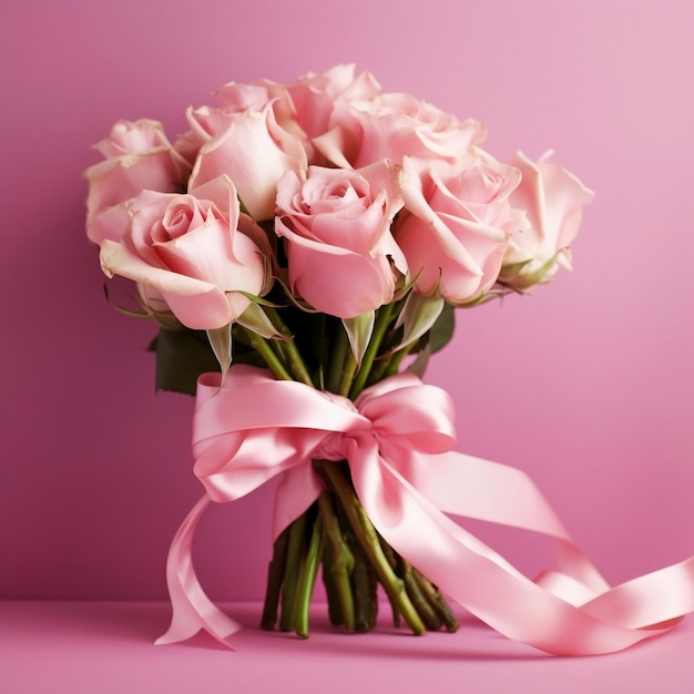 Pink Roses Bouquet Ribbon Generative AI