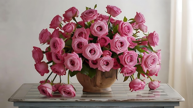 Pink roses bouquet over wooden table top view