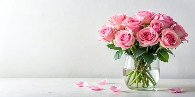 Pink roses in a clear glass vase on a white background pink roses flowers glass vase delicate romantic