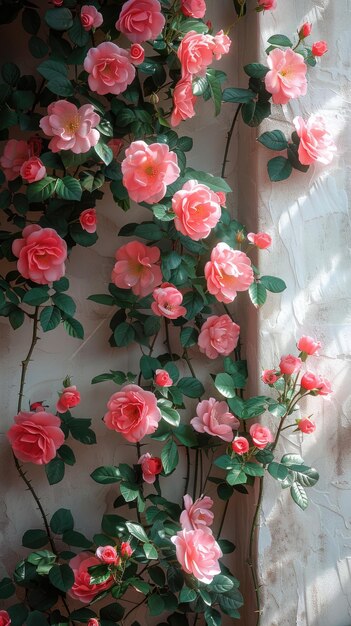 Photo pink roses climbing a white wall with green leaves