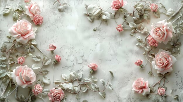 Photo pink roses and delicate leaves arranged on a textured marble surface