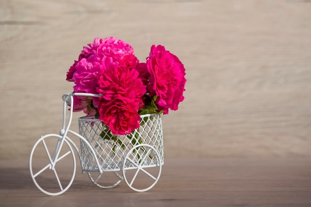 Pink roses flowers in a decorative white bicycle.gift for a wedding or birthday