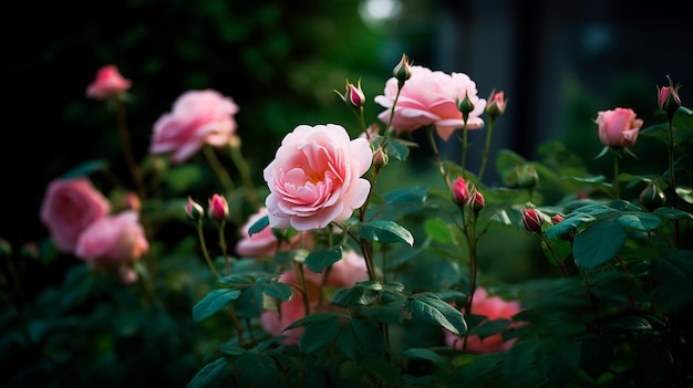 Pink roses in full bloom on a garden shrub a rosebud on a stick and pink roses in a garden with green foliage Generative AI