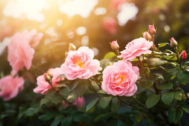 Pink roses in the garden with the sun shining on them Generative AI