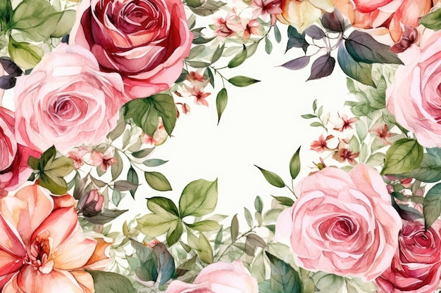 Pink roses and green leaves in a watercolor painting Generative AI