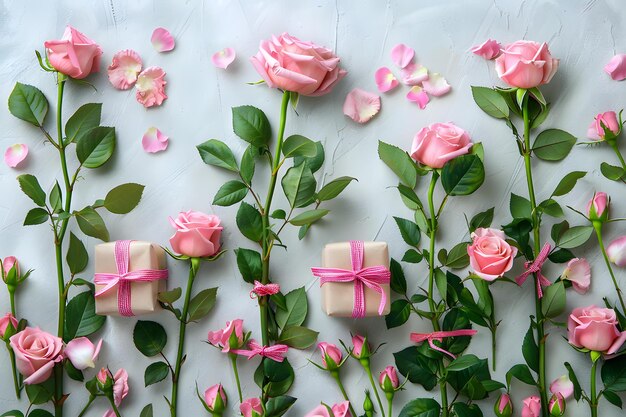 Photo pink roses green leaves white surface