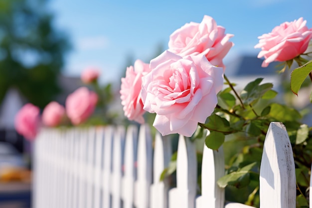 pink roses growing on a white picket fence