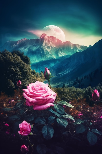 pink roses on the mountains with a strawberry moon in the background