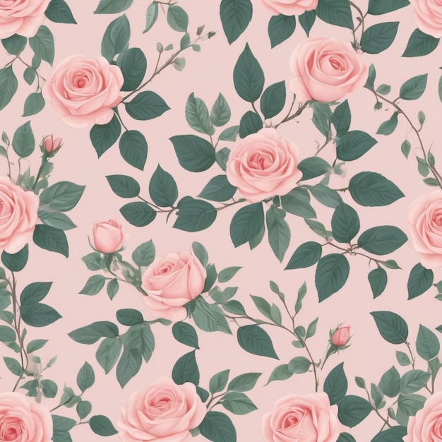 Photo pink roses pattern with green leaves and pink leaves on a pink background