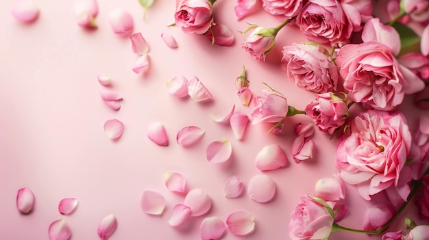 Pink Roses and Petals on Pink Background