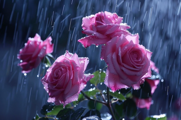 Photo pink roses in the rain with water drops