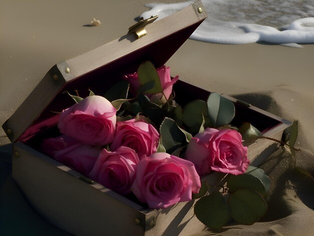 Pink roses in a suitcase on the beach