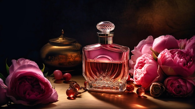 Pink roses surround a pink perfume bottle