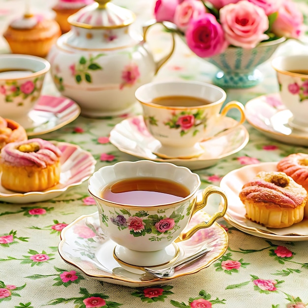 Photo pink roses teapot and teacups set the scene for a charming high tea party