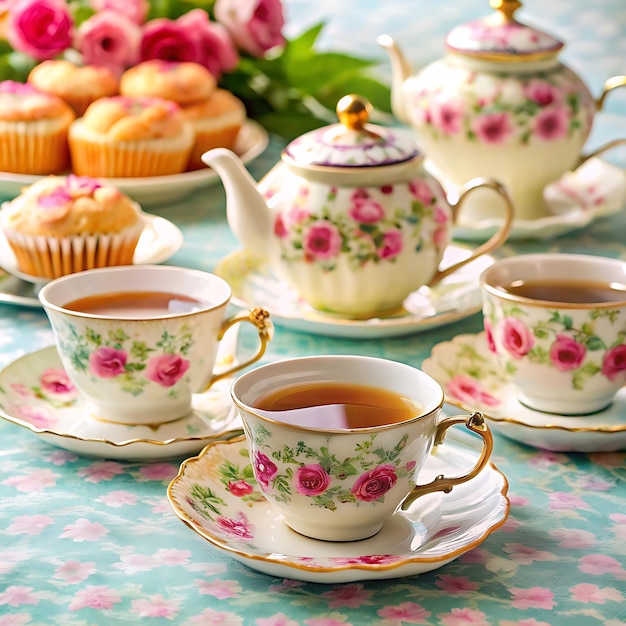 Photo pink roses teapot and teacups set the scene for a charming high tea party