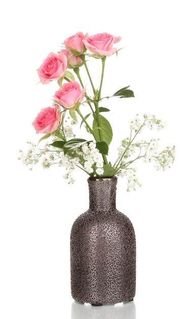 Pink roses in vase isolated on white