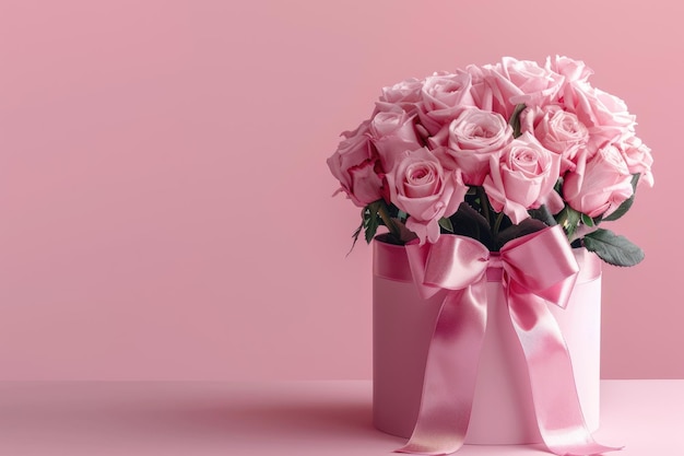 Pink roses in vase with gift box on pink table Celebrate special occasions