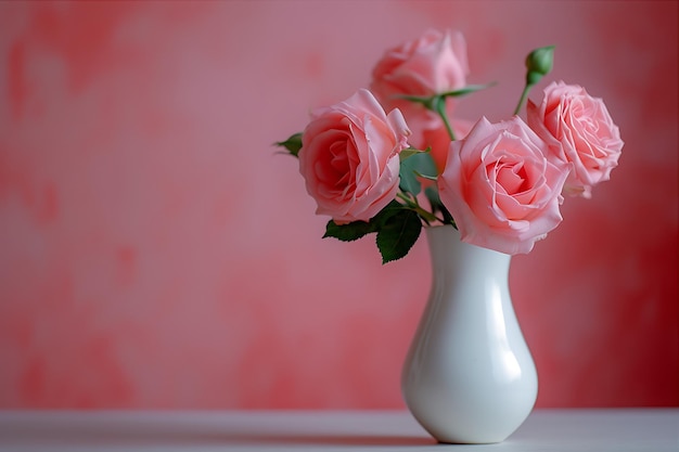 Pink Roses in a White Vase Set on a Table