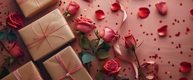 Pink roses with gifts and confetti on pink background