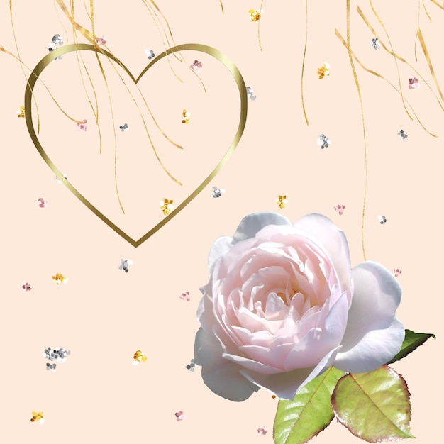 pink roses  with gold confetti  elements  flowers and heart symbol pastel color background for greet