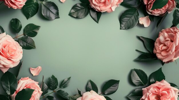 Photo pink roses with green leaves on a green background