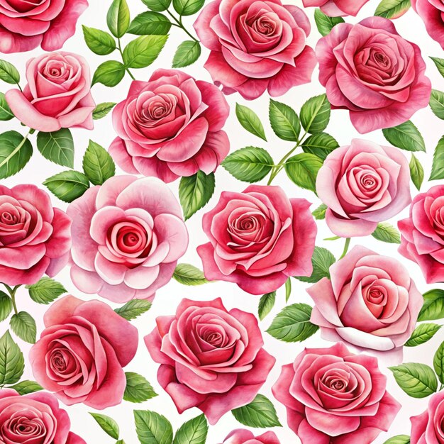 Photo pink roses with green leaves and pink leaves on a white background