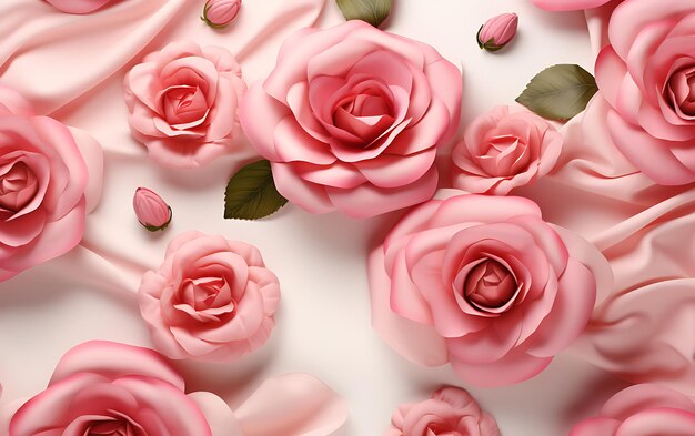 pink roses with green leaves on a white background